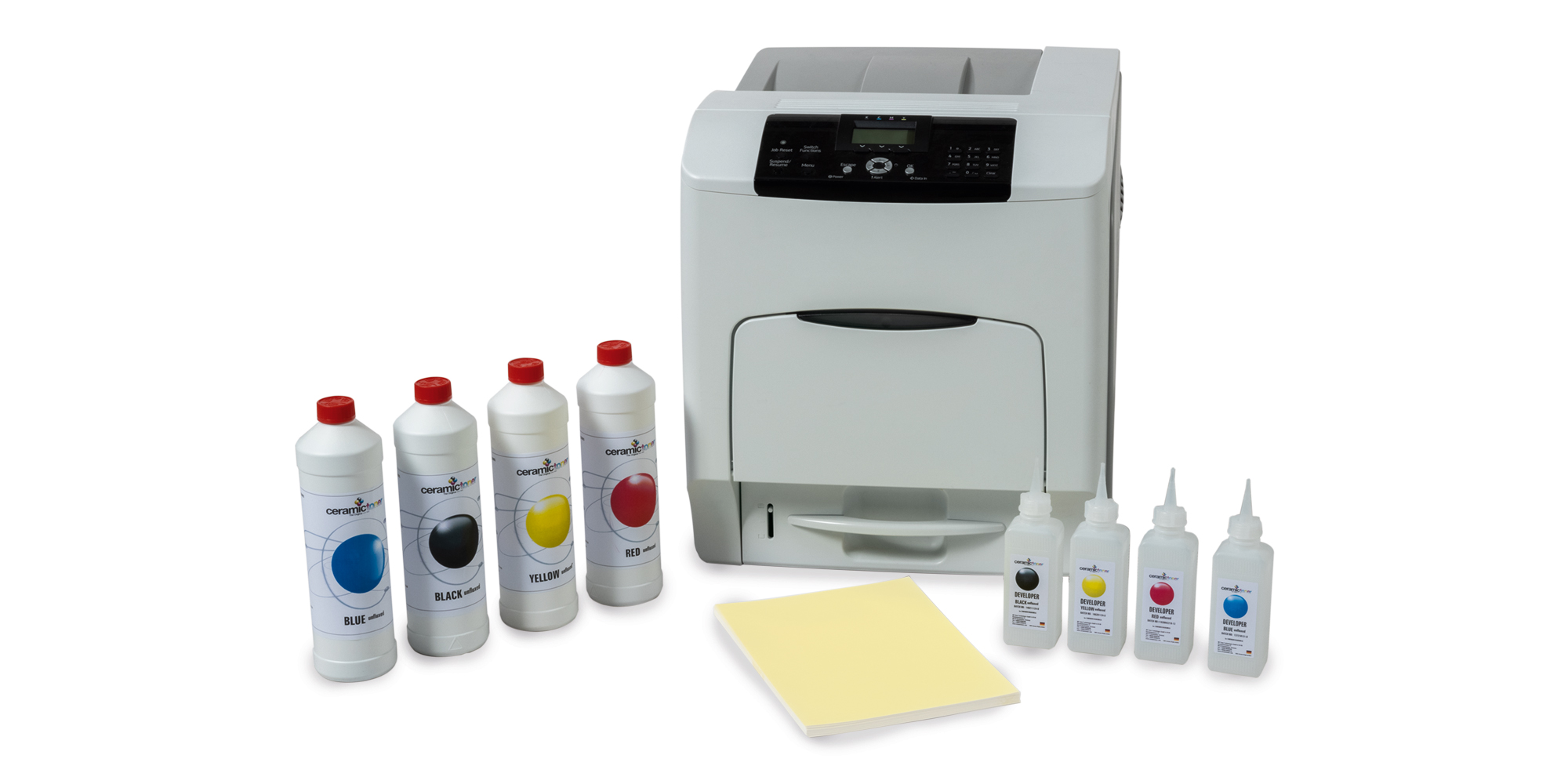The picture shows a ceramic laser printer that can print ceramic decals, also called waterslide decals. The set also includes a toner set, direct print paper and developer.