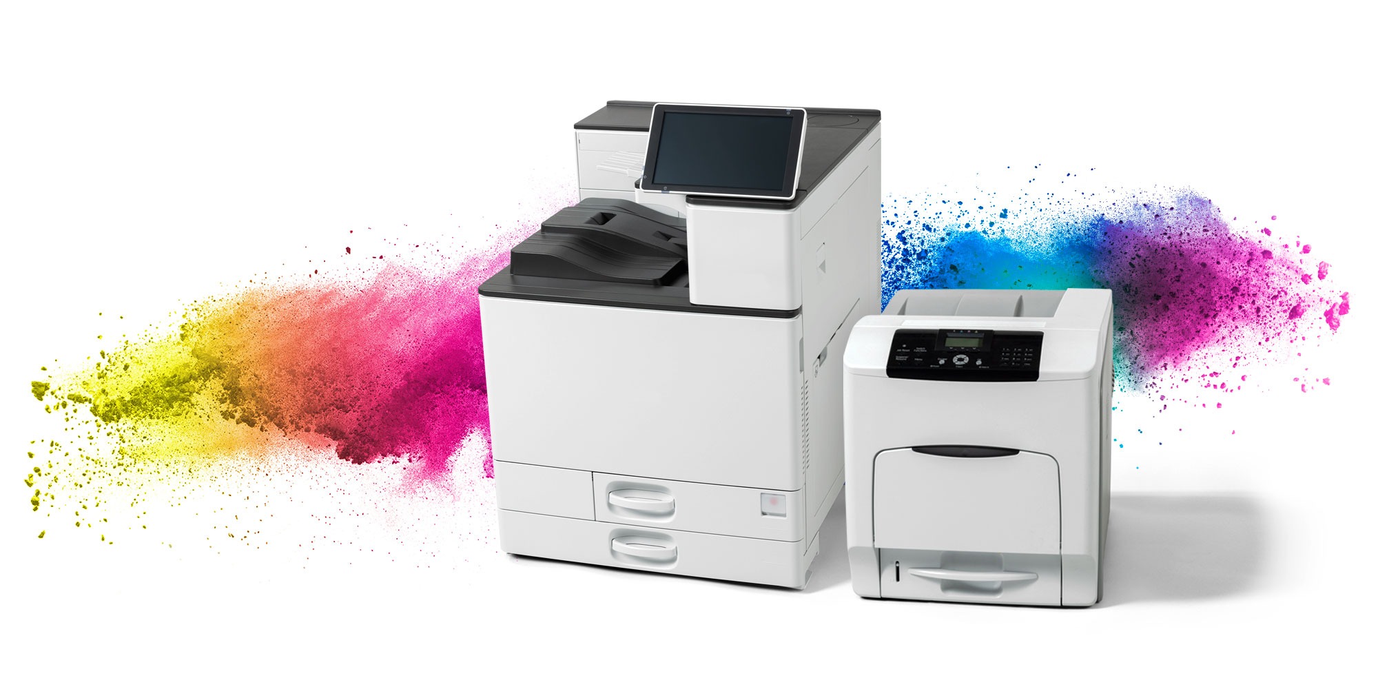 Keramischer Laserdrucker für den Druck von Abziehbildern im Format DIN A3 und DIN A4. Mit farbigem Tonerpulver im Hintergrund.