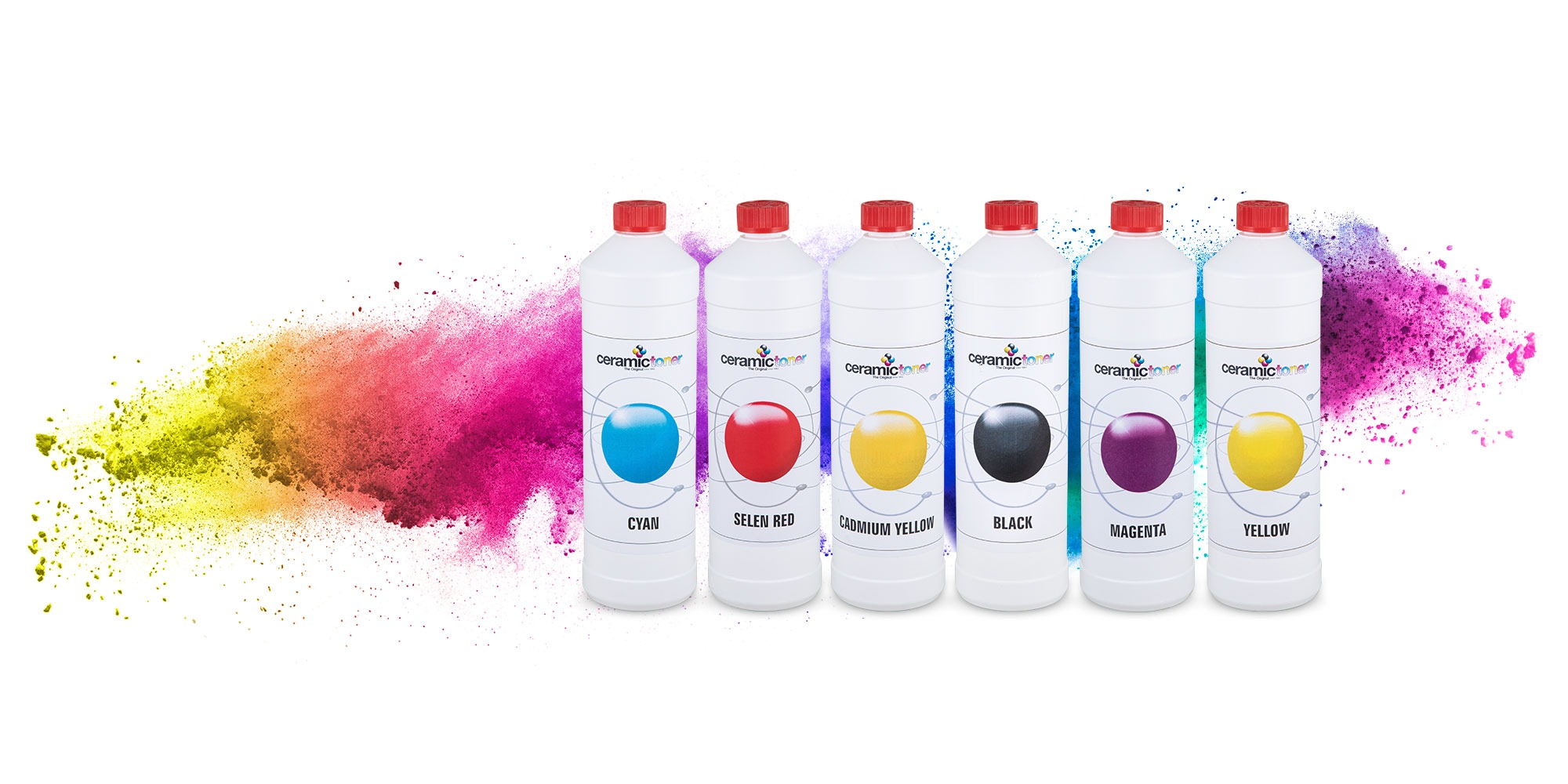 Keramischer Toner für den Druck von Abziehbildern. Das Bild zeigt die Tonerfarben Cyan, Selen Rot, Kadmium Gelb, Schwarz, Magenta und Gelb in Tonerflaschen.