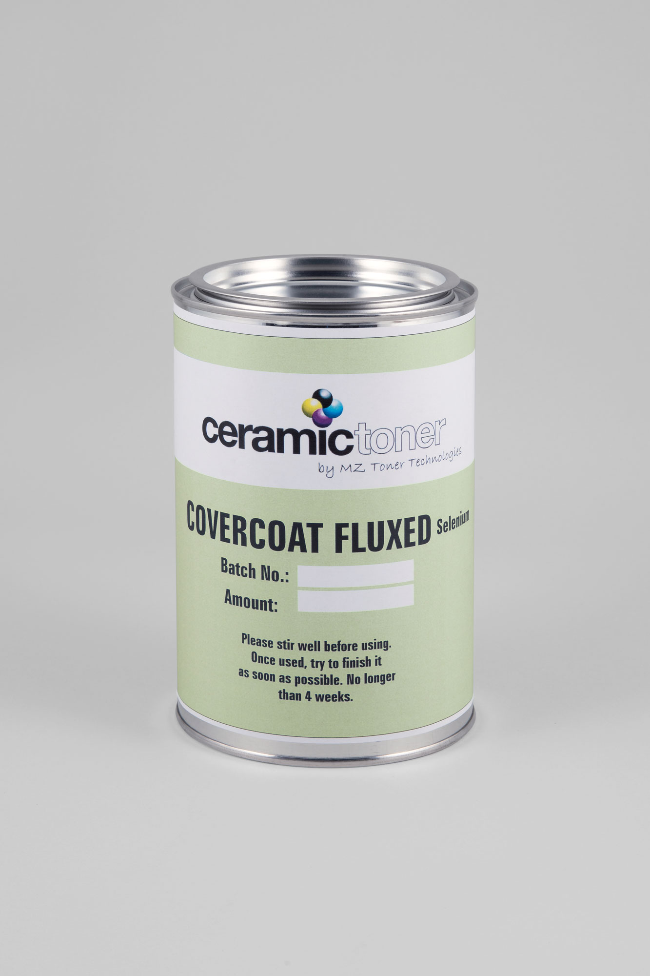 Ceramictoner Covercoat Fluxed Selenium est un vernis avec fondat sélénium. Le vernis se trouve dans une boîte et convient aux basses températures de cuisson. Le vernis est verdâtre.