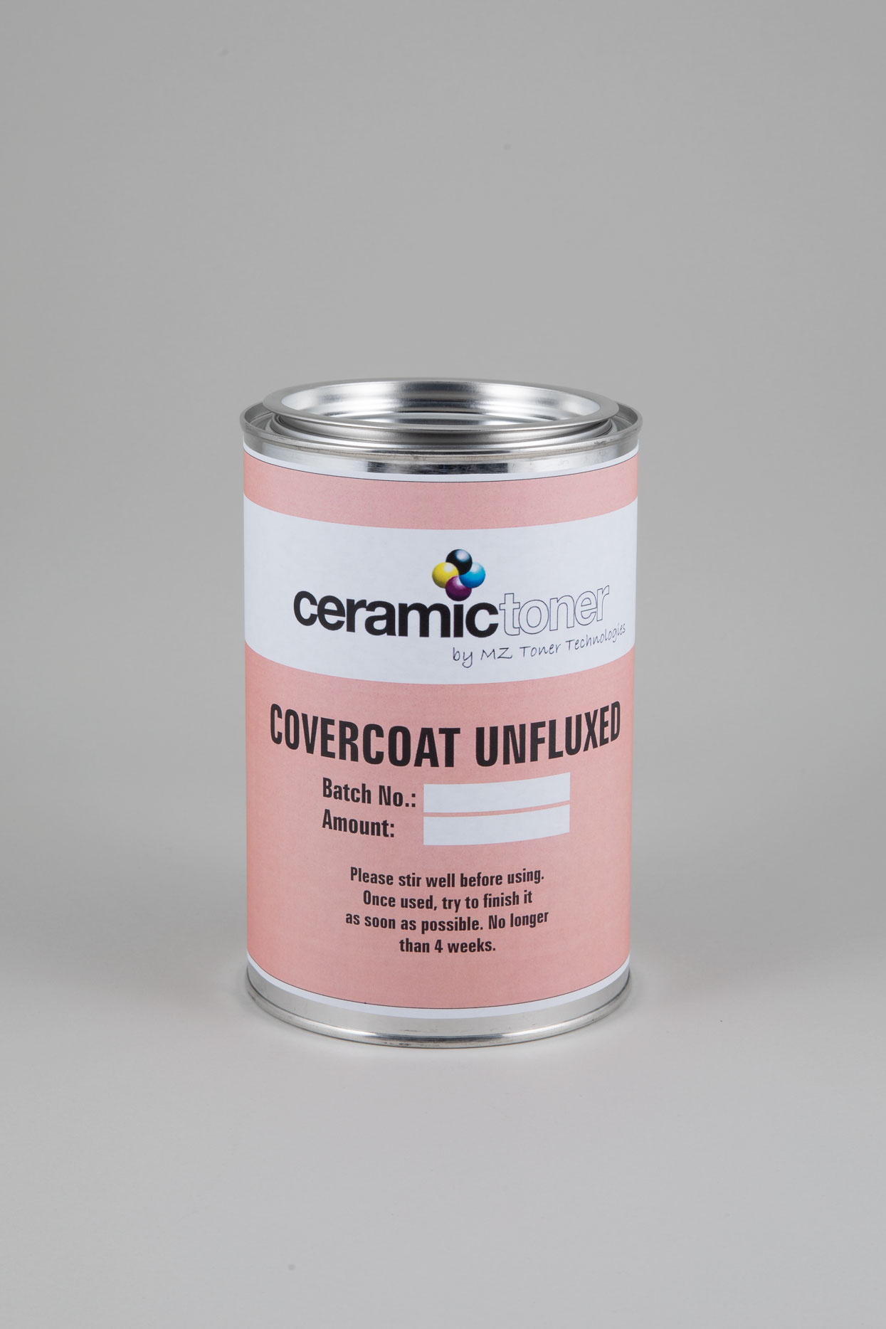 Ceramictoner Covercoat Unfluxed ist Lack ohne Fluss. Der Lack befindet sich in einer Dose und eignet sich für flussrandfreie keramische Dekorationen. Der Lack ist durchsichtig.