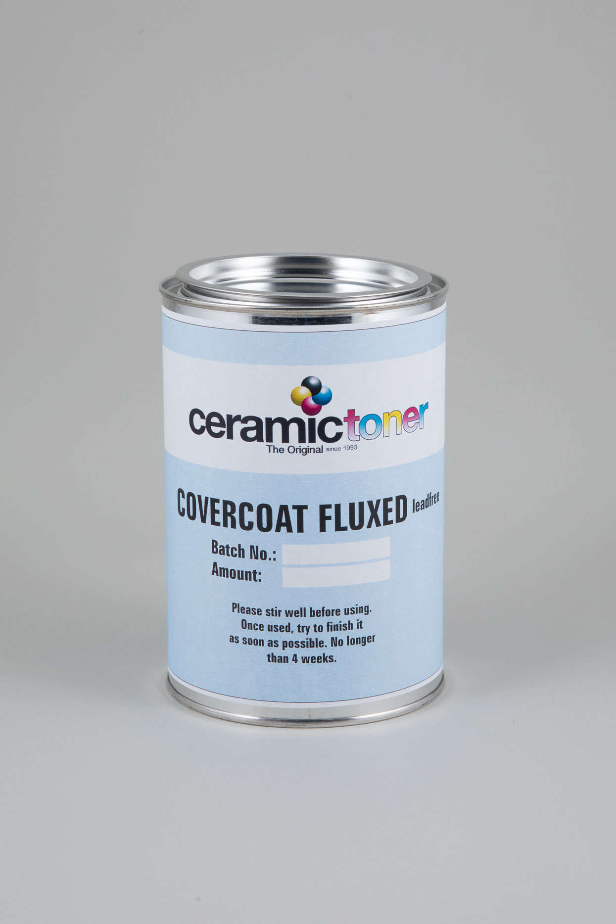 Ceramictoner 无铅釉面漆 Covercoat Fluxed Leadfree 采用罐装形式，适用于所有应用领域。涂层是浅蓝色的。