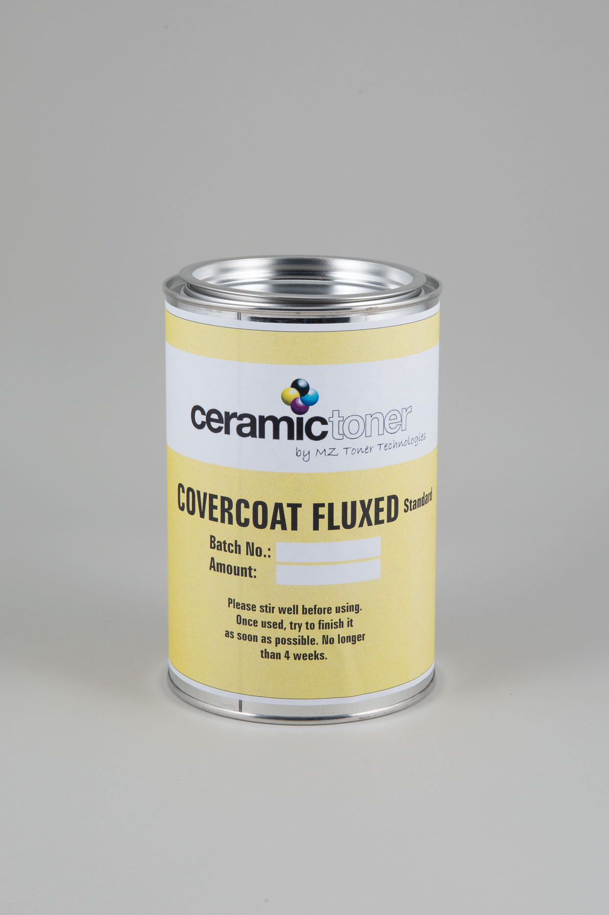 Ceramictoner 标准釉面漆 Covercoat Fluxed Standard 为罐装，适用于瓷器和陶瓷。涂层呈淡黄色