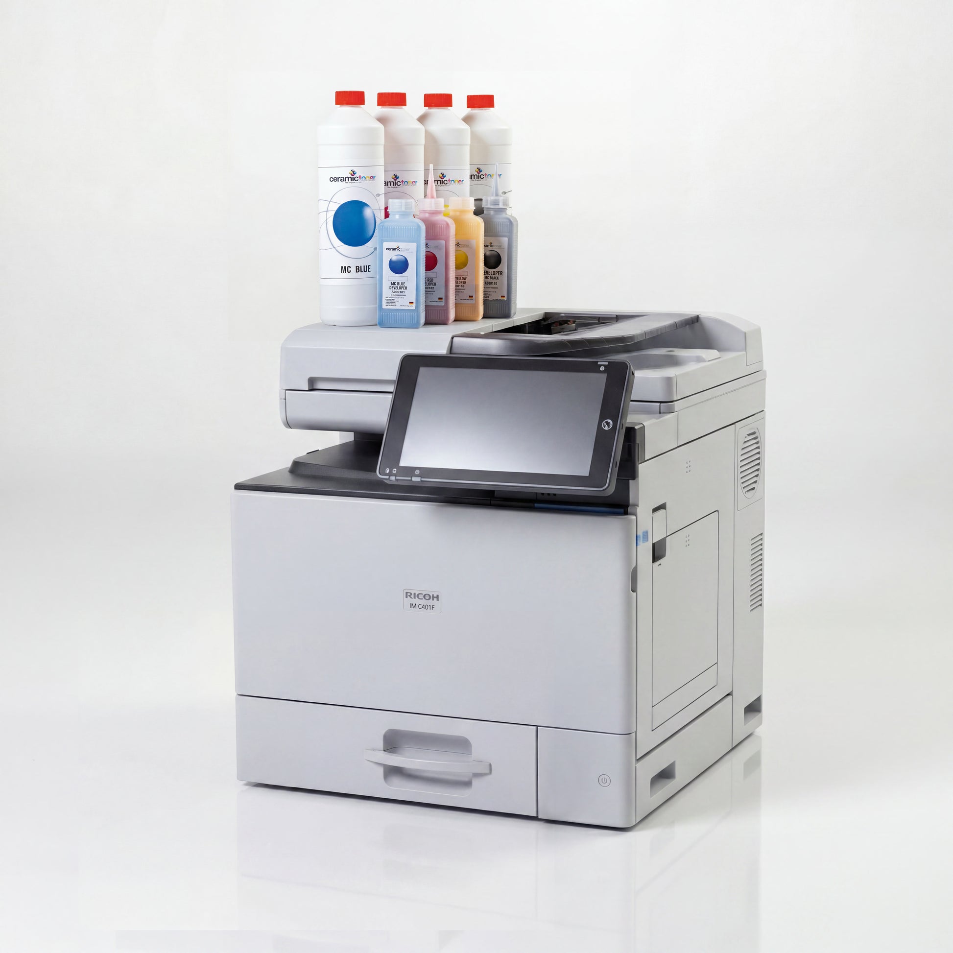 The Ricoh C401F is a powerful all-in-one printer for professional A4 ceramic digital printing. It is ideal for producing ceramic decals for porcelain, ceramics, mugs, plaques, and small tile decorations. Specially modified for use with MZ ceramic toner, it combines high-resolution printing with a touchscreen, scanning, copying, faxing, and modern connectivity options.