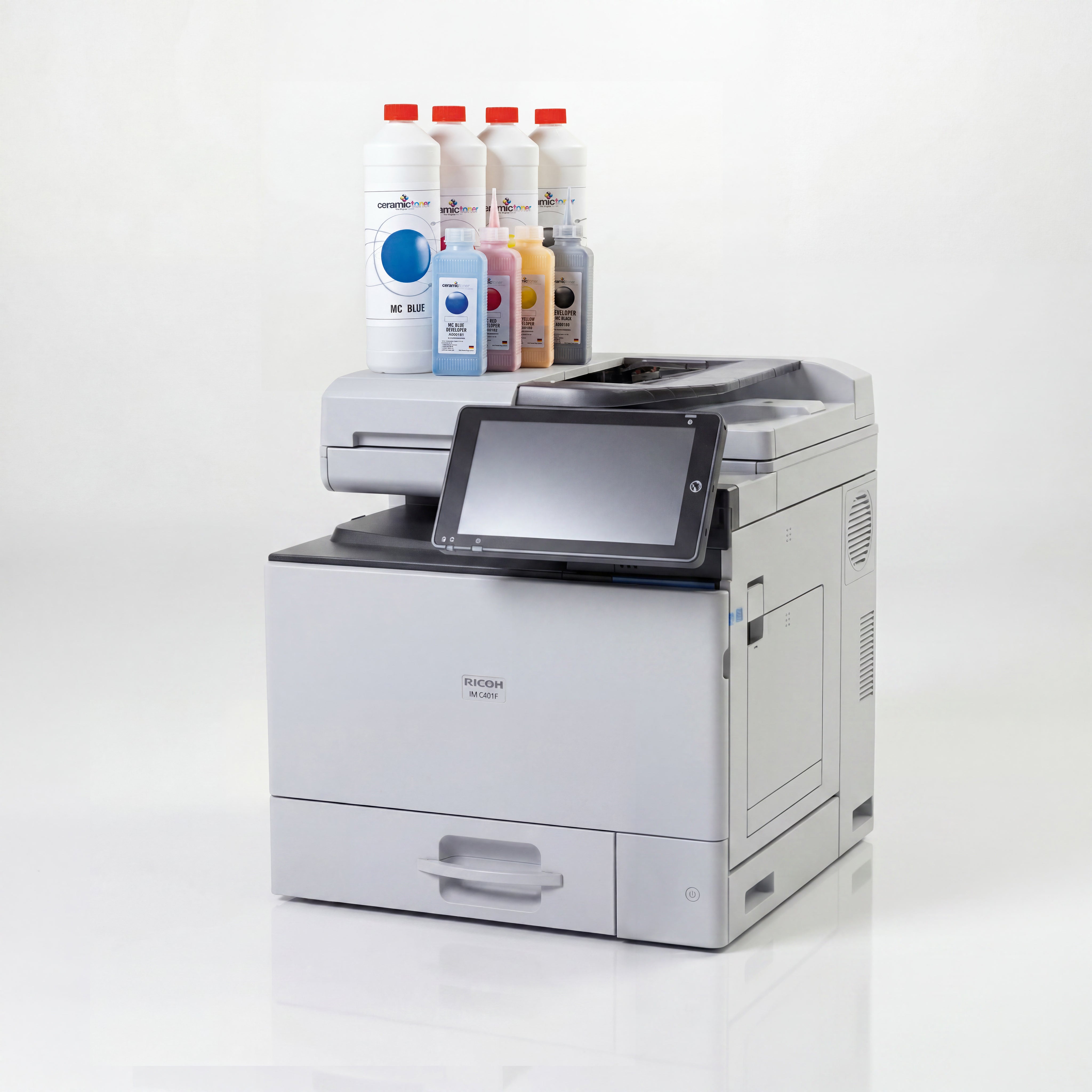 The Ricoh C401F is a powerful all-in-one printer for professional A4 ceramic digital printing. It is ideal for producing ceramic decals for porcelain, ceramics, mugs, plaques, and small tile decorations. Specially modified for use with MZ ceramic toner, it combines high-resolution printing with a touchscreen, scanning, copying, faxing, and modern connectivity options.